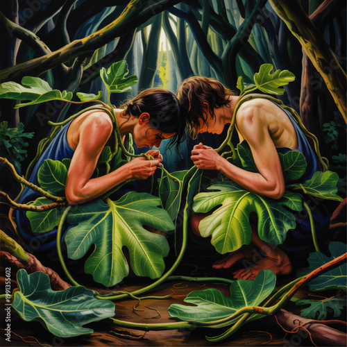 Dramatic biblical illustration of Adam and Eve hiding in the Garden of Eden covered by large green fig leaves in a dark dense forest