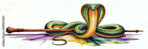 Green cobra with raised hood and wooden staff in vivid watercolor illustration, coiled serpent artwork isolated on transparent