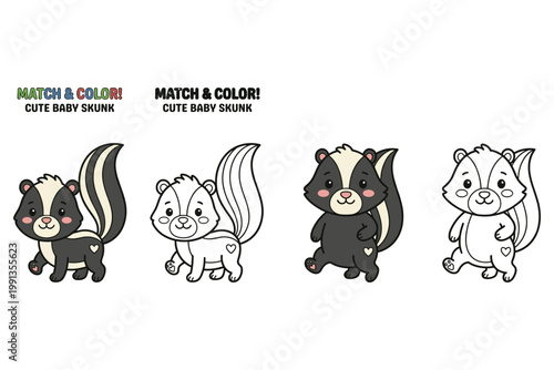 Match and color cute baby skunk set with two different styles coloring page for kids activity.