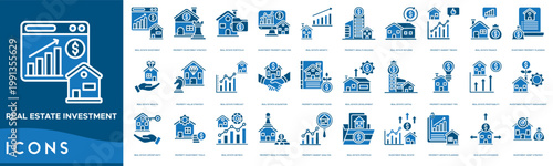 Real Estate Investment Icon set. Property Investment Strategy, Real Estate Portfolio, Investment Property Analysis, Real Estate Growth and Property Wealth Building, Real Estate Returns