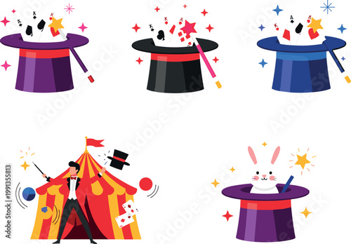 Magic show elements collection with magician hat, wand, rabbit, circus tent and tricks vector illustration set