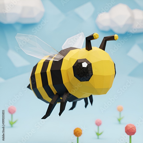 Low poly 3D bumblebee flying over flowers in a stylized garden
