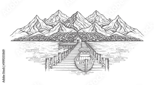 Boat docked at wooden pier facing mountains and forest by water lake