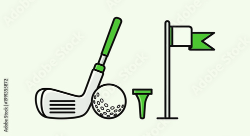 Minimalist Golf Equipment Illustration Featuring Club Ball Tee and Flag.