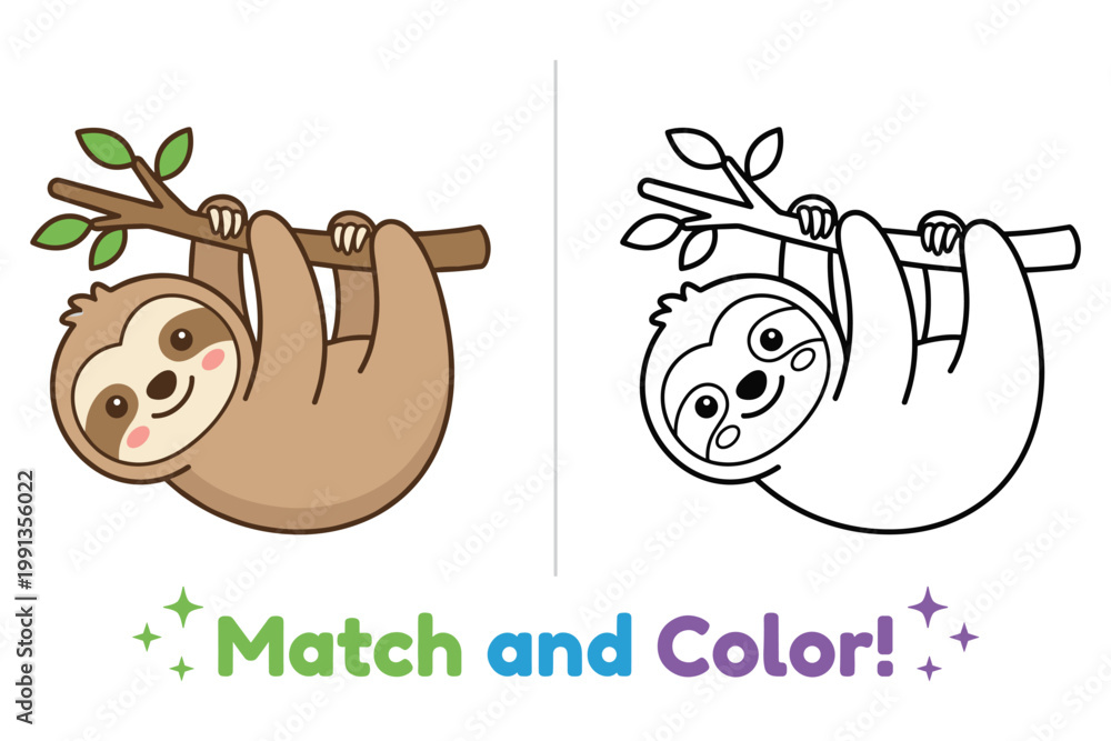 Fototapeta premium Sloth hanging on branch illustration for match and color activity.