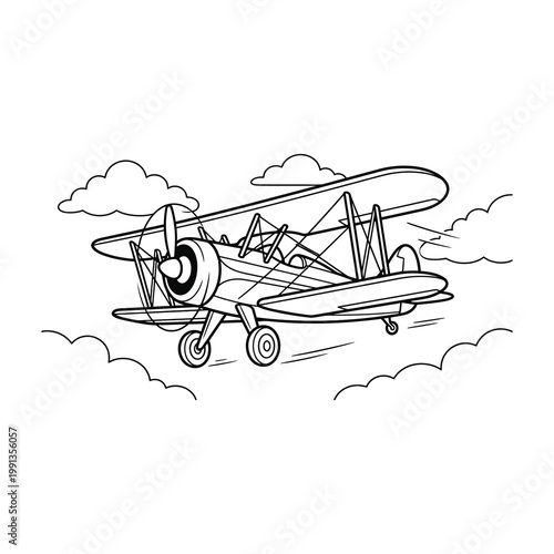 Vintage biplane flying through cloudy sky with pilot