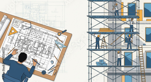 Architectural planning and construction process illustration.