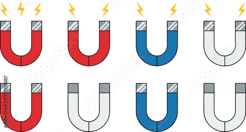 Magnet collection set with horseshoe magnets and magnetic force symbols for physics education, science illustration, and educational design elements