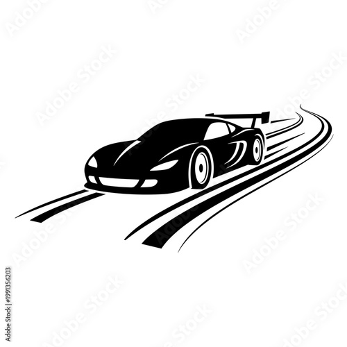 Black sports car racing on a winding road track