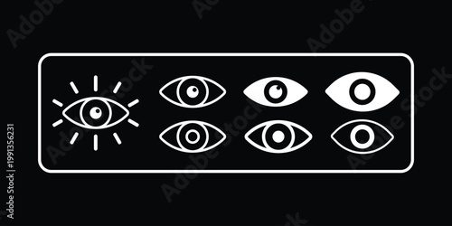 Collection of abstract white eye icons on a dark background representing observation and vision