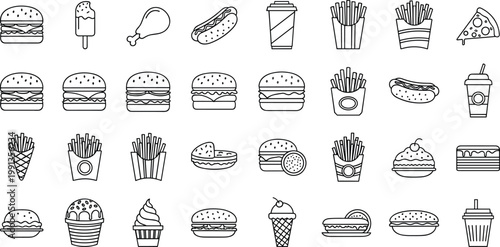 Fast food outline icons vector set including burgers fries hot dog pizza coffee and snacks isolated on light background for restaurant menu design