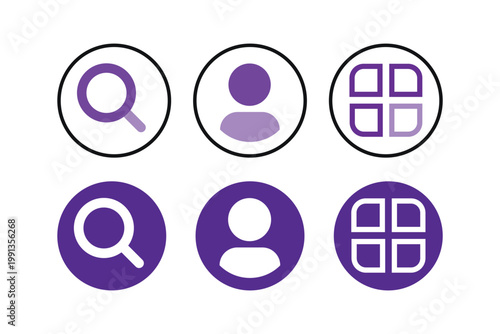 Collection of purple and light purple abstract icons representing search profile and application grid layouts