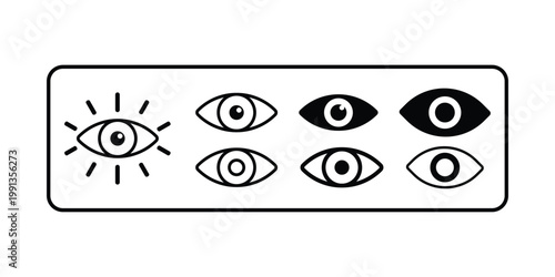 Collection of simplified eye icons representing different states of vision and observation