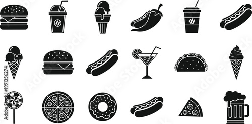 Fast food silhouette icons vector set including burger coffee ice cream hot dog pizza beer and snacks isolated on light background for menu design