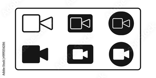 Collection of six different stylized video camera icons in black and white graphic design representing recording and filming