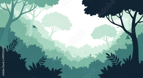 Vector flat design illustration of a lush green forest canopy with layered trees and foliage creating a serene natural