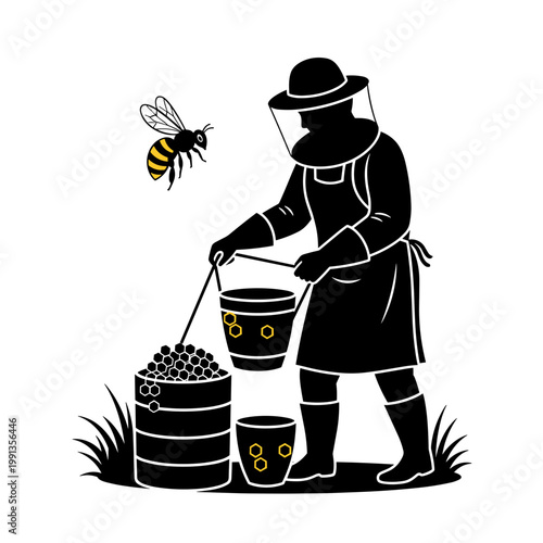Beekeeper Harvesting Honey with Bee Nearby