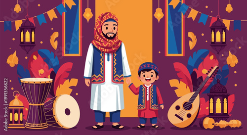 A smiling Muslim father and his young son dressed in traditional cultural clothing standing together.