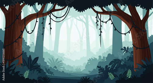 Misty jungle forest scene with large trees and hanging vines, a Vector Flat Design Illustration