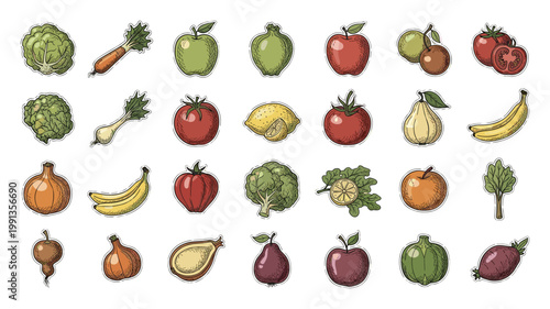 Vibrant collection of hand drawn fresh fruit and vegetable stickers suitable for grocery store packaging