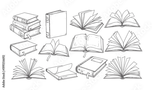 Collection of hand drawn open and closed books with bookmarks pages