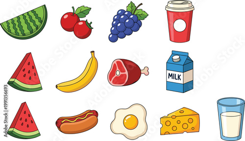 Food and drink vector illustration set featuring watermelon banana grapes coffee milk cheese egg hot dog and fresh ingredients isolated on light background
