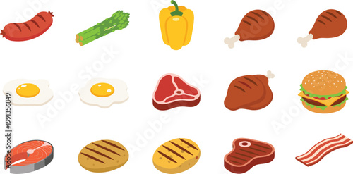 Grilled food and meat vector illustration set including steak chicken burger bacon eggs sausage and vegetables isolated on light background for menu design