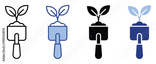 Growing seedling in a hand trowel icon representing sustainable agriculture and ecofriendly gardening solutions.