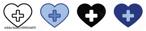 Heart with plus sign symbols for health medical assistance and adding to favorites across diverse digital platforms