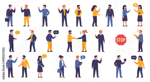 Large set of flat vector characters in various poses including people talking, waving, shaking hands, and using gadgets on a white background.