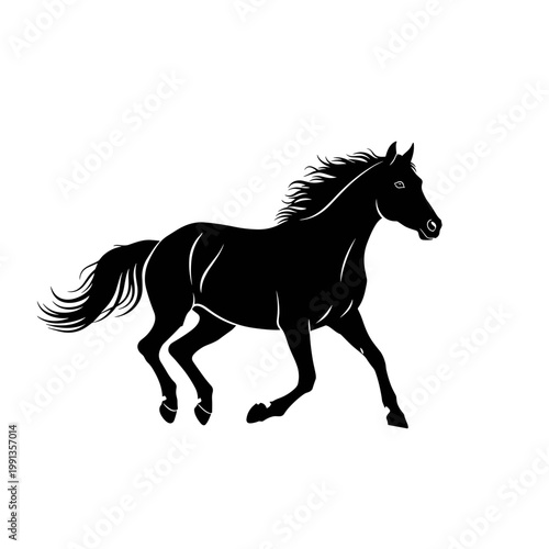 Black silhouette of a galloping horse on white