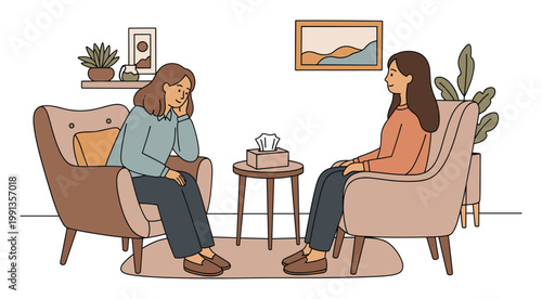 Two women engage in mental health counseling for emotional support and wellness discussions