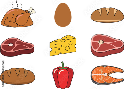 Food ingredients vector illustration set including chicken egg bread cheese meat pepper and salmon isolated on light background for cooking and menu design