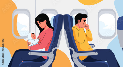 Disappointed passenger covering his ears because of a crying baby held by a mother in the seat behind him during a flight inside an airplane.