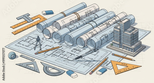 Architectural blueprints and drafting tools arranged on a table.