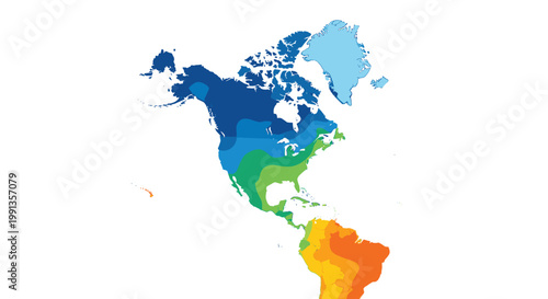 Map of North and South America divided into climate or geographical zones using a vibrant spectrum of shades from blue to red colors.