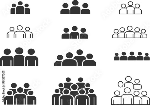 People group and community icon set with user silhouettes, in solid and outline style vector