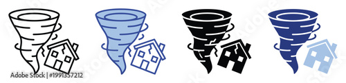 Tornado destroying a house icon set for natural disaster warnings and property insurance applications