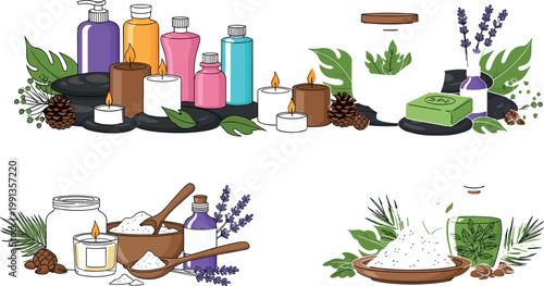 Natural spa and wellness collection with candles, essential oils, herbs, soap and bath salt vector illustration set