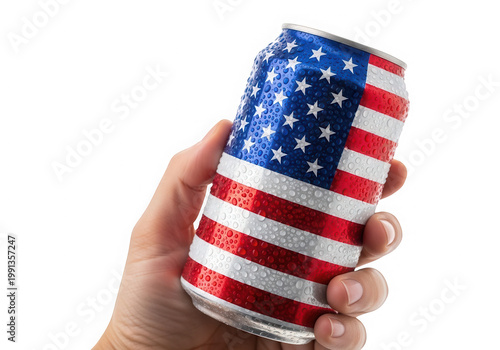 Hand holding smartphone displaying the american flag on its screen isolated on transparent background