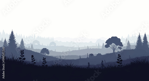 Serene vector flat design illustration of a misty blue forest landscape with rolling hills and silhouetted trees