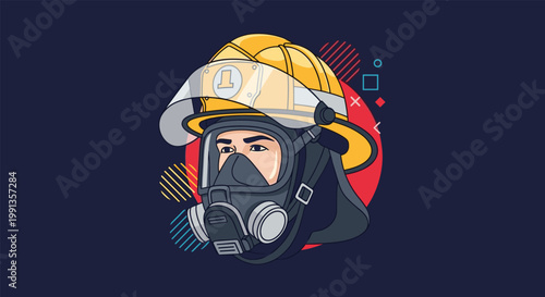 Head illustration of a brave firefighter wearing a yellow protective helmet and a professional oxygen mask against a dark blue background.