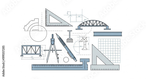 Architectural blueprints and drafting tools for engineering design.