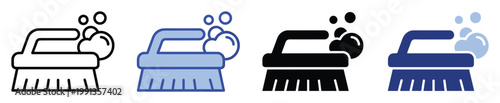 Versatile household cleaning scrub brush with soap suds icons for hygiene product branding, service promotions, and digital media applications