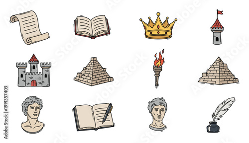 Collection of historical culture and knowledge icons for education and heritage presentations