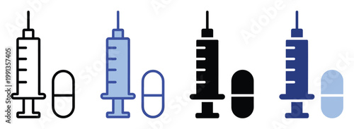 Syringe and capsule medical icons in various styles for health and pharmaceutical presentations and apps