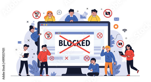 Stressed and upset people standing around a large computer monitor displaying a blocked website message with red crosses and warning icons.
