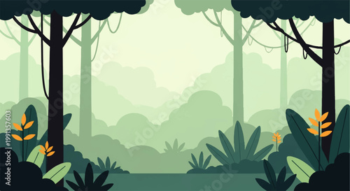 Vector flat design illustration of a lush green jungle landscape with dense foliage and misty trees creating a serene