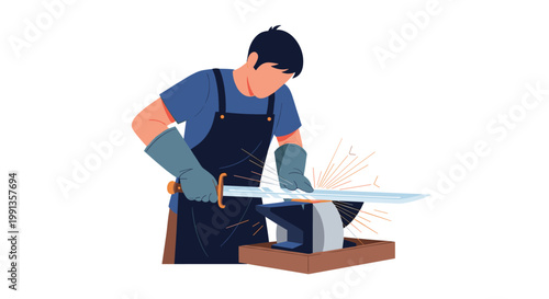 Blacksmith wearing a protective apron and gloves sharpening a long metal sword on a rotating grinding wheel with sparks flying around him.