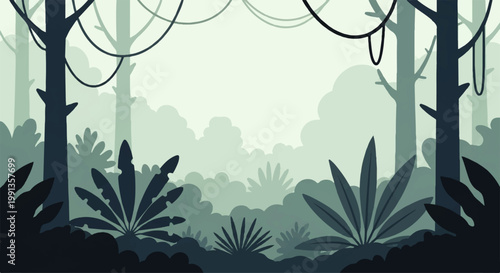 Vector flat design illustration of a dense jungle canopy with lush foliage and hanging vines in a muted color palette